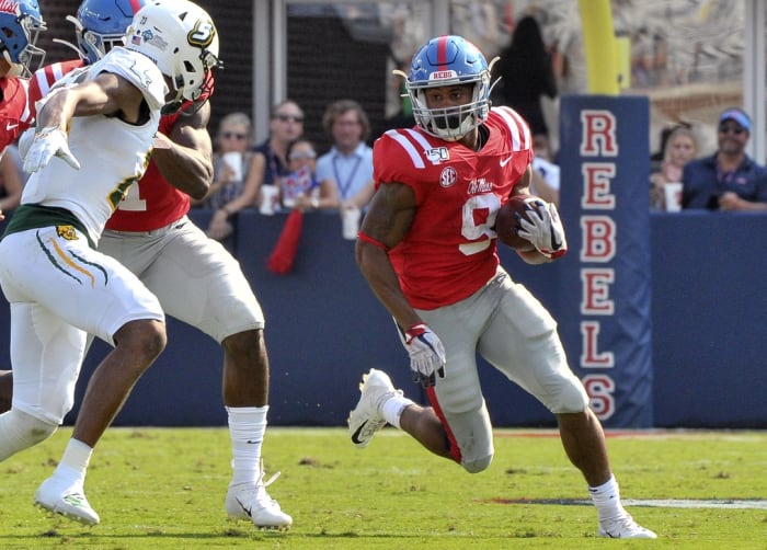 Mississippi Rebels running back Jerrion Ealy (9) carries the ball against Southeastern Louisiana Lions defensive back Patrick Johnson (2) during the first half at Vaught-Hemingway Stadium. Mandatory Credit: Justin Ford-USA TODAY Sports